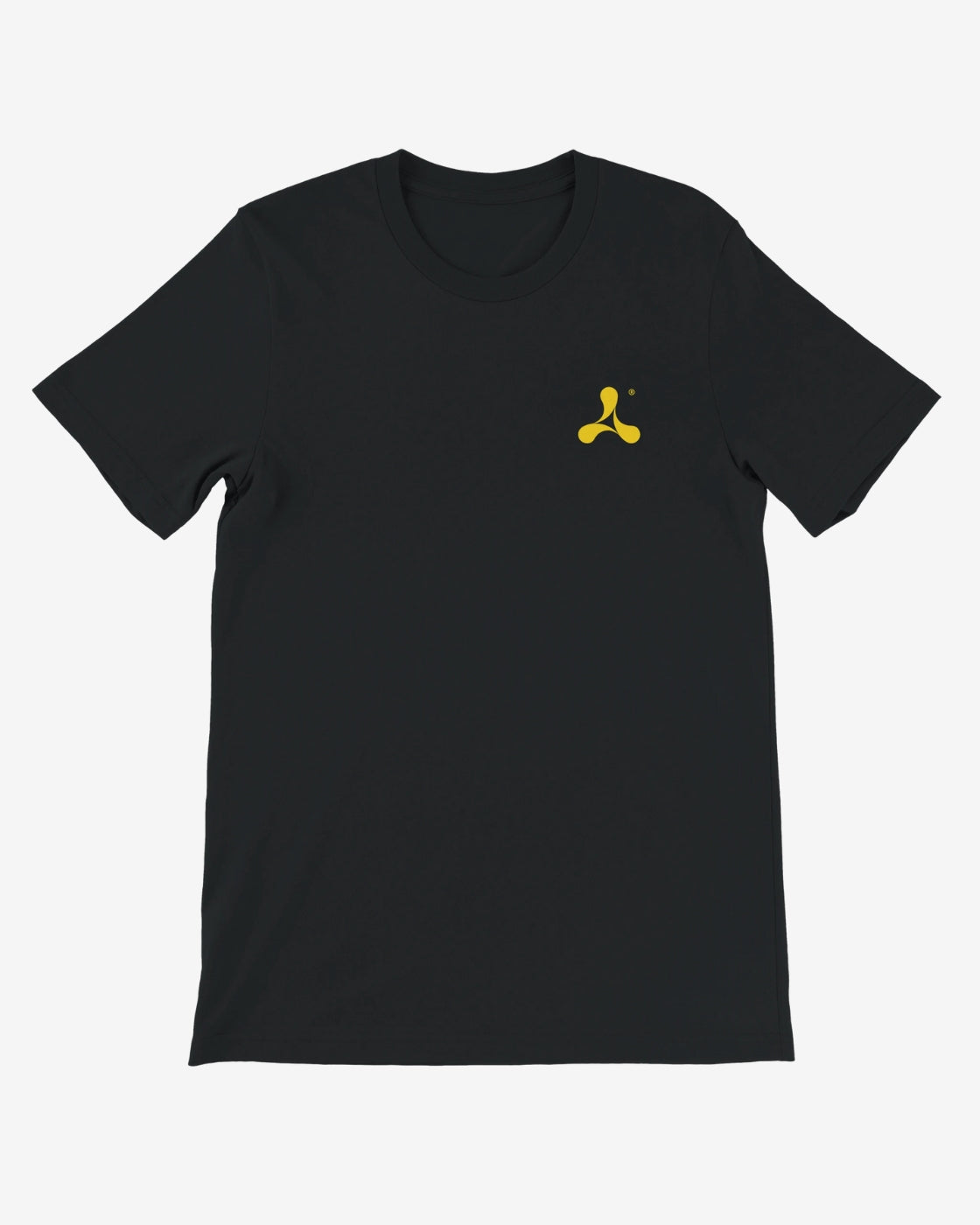 Black t-shirt with a yellow logo on a white background