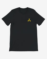 Black t-shirt with a yellow logo on a white background