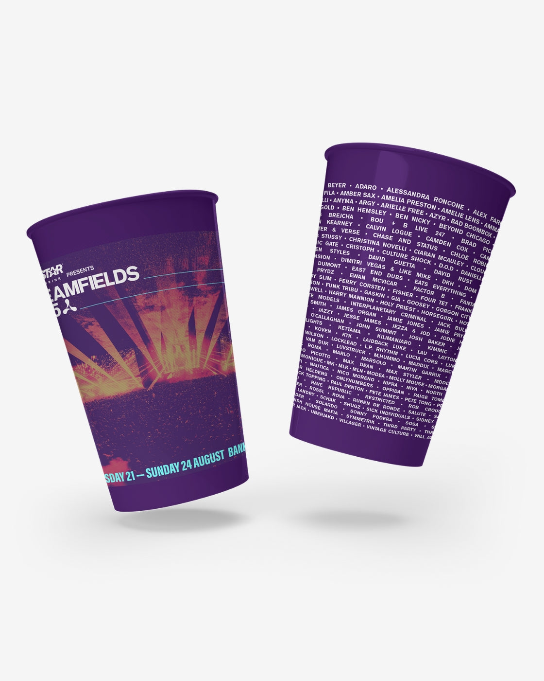 Two purple Creamfields 2025 Reusable Stadium Cups: one features a sunset stage with the Dreamfields logo and event details; the other displays artist names in white text across its surface.