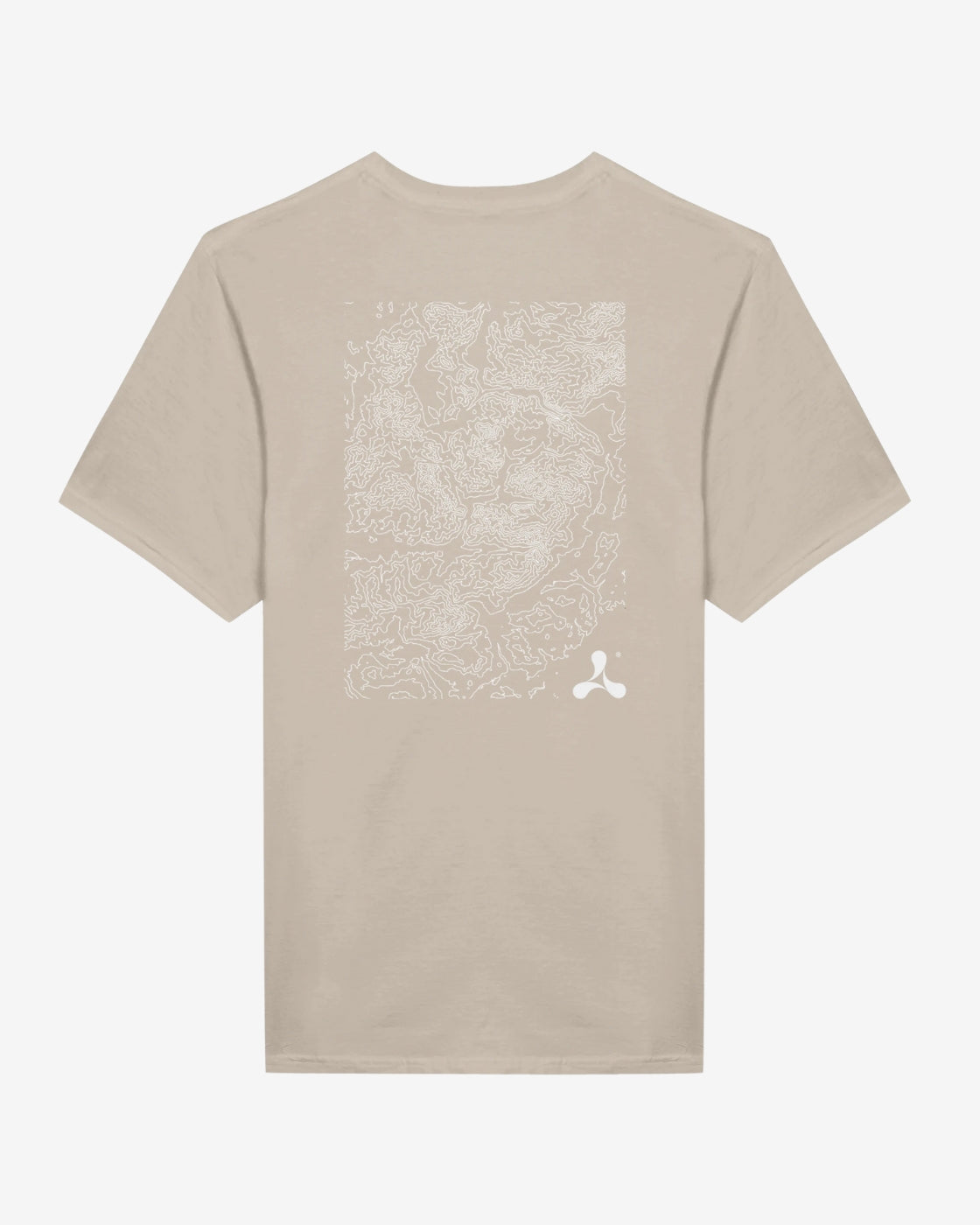 The Creamfields 2025 T-Shirt features a detailed white topographic map on the back and a small abstract logo on cream-colored 100% ring-spun cotton. Made to order for comfort and style, from Creamfields.