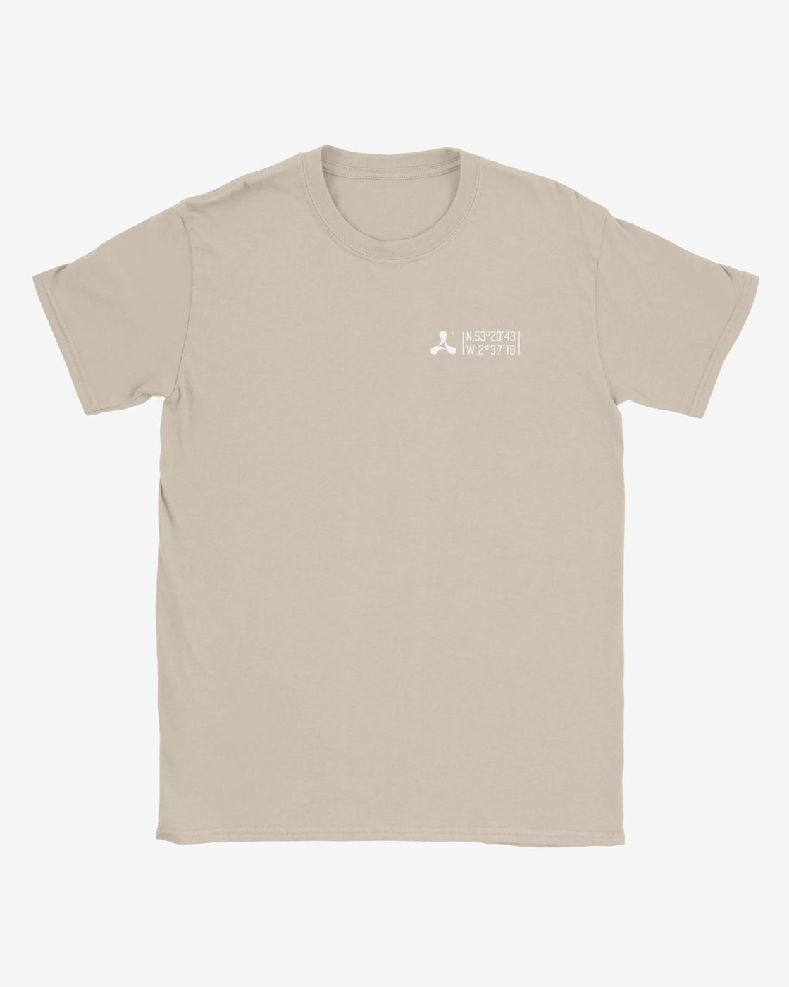 The Creamfields 2025 T-Shirt Topographic Map Design by Creamfields is made from 100% ring-spun cotton in beige, featuring a small white graphic and the coordinates “L: 59°20’48” W: 37°18’” on the upper left chest.