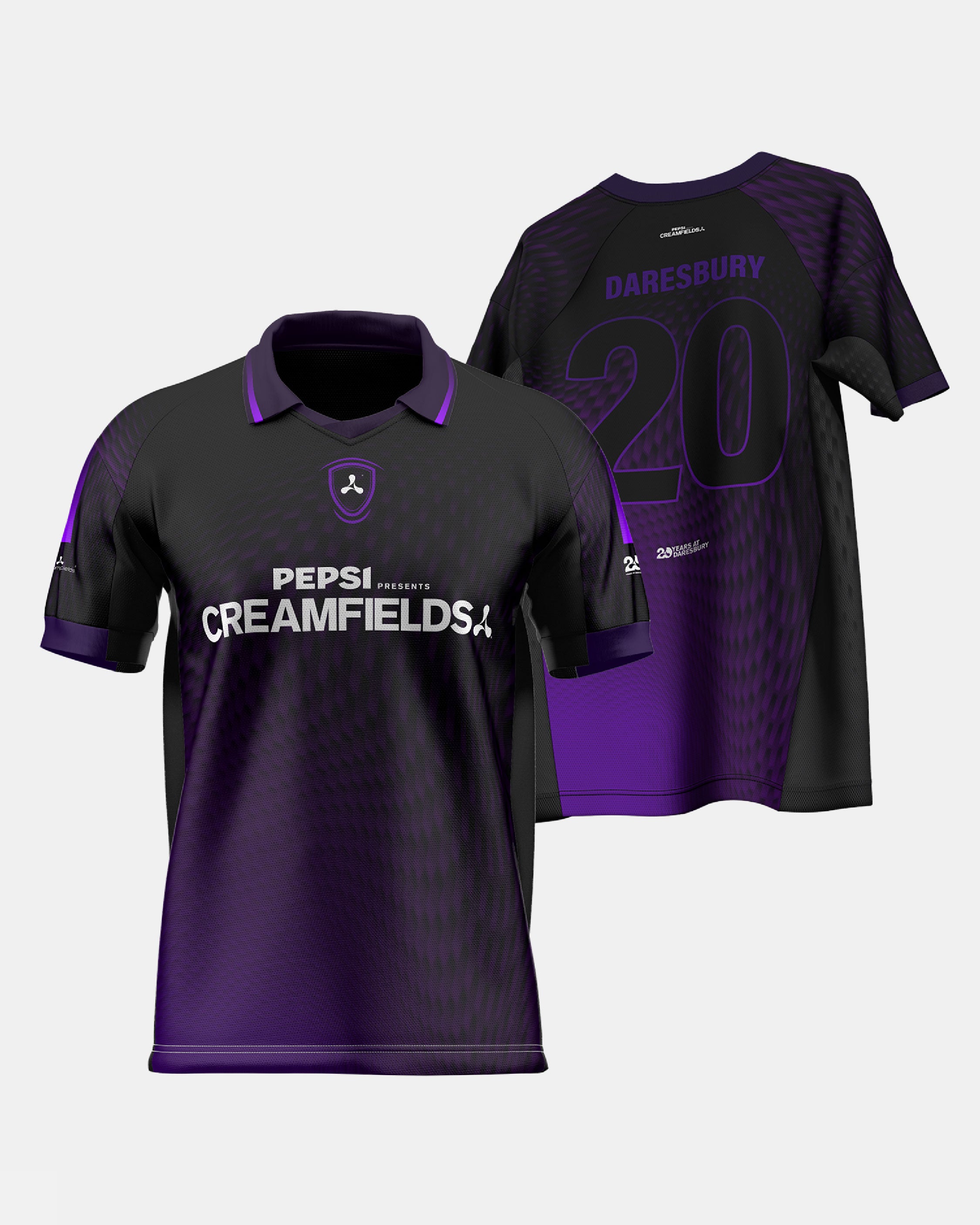 A black and purple soccer jersey shown from both front and back views. The front features a purple collar, a purple gradient pattern, the 'Pepsi Creamfields' sponsor logo in white, and a central crest.