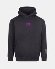A dark gray pullover hoodie with a small purple '25' graphic on the left chest and a white vertical logo on the right sleeve, shown against a light gray background.