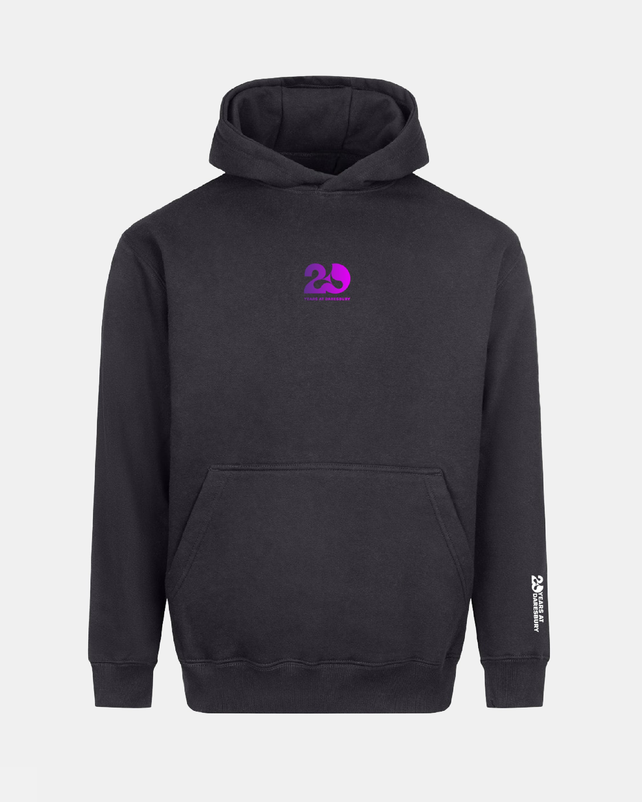 A dark gray pullover hoodie with a small purple '25' graphic on the left chest and a white vertical logo on the right sleeve, shown against a light gray background.
