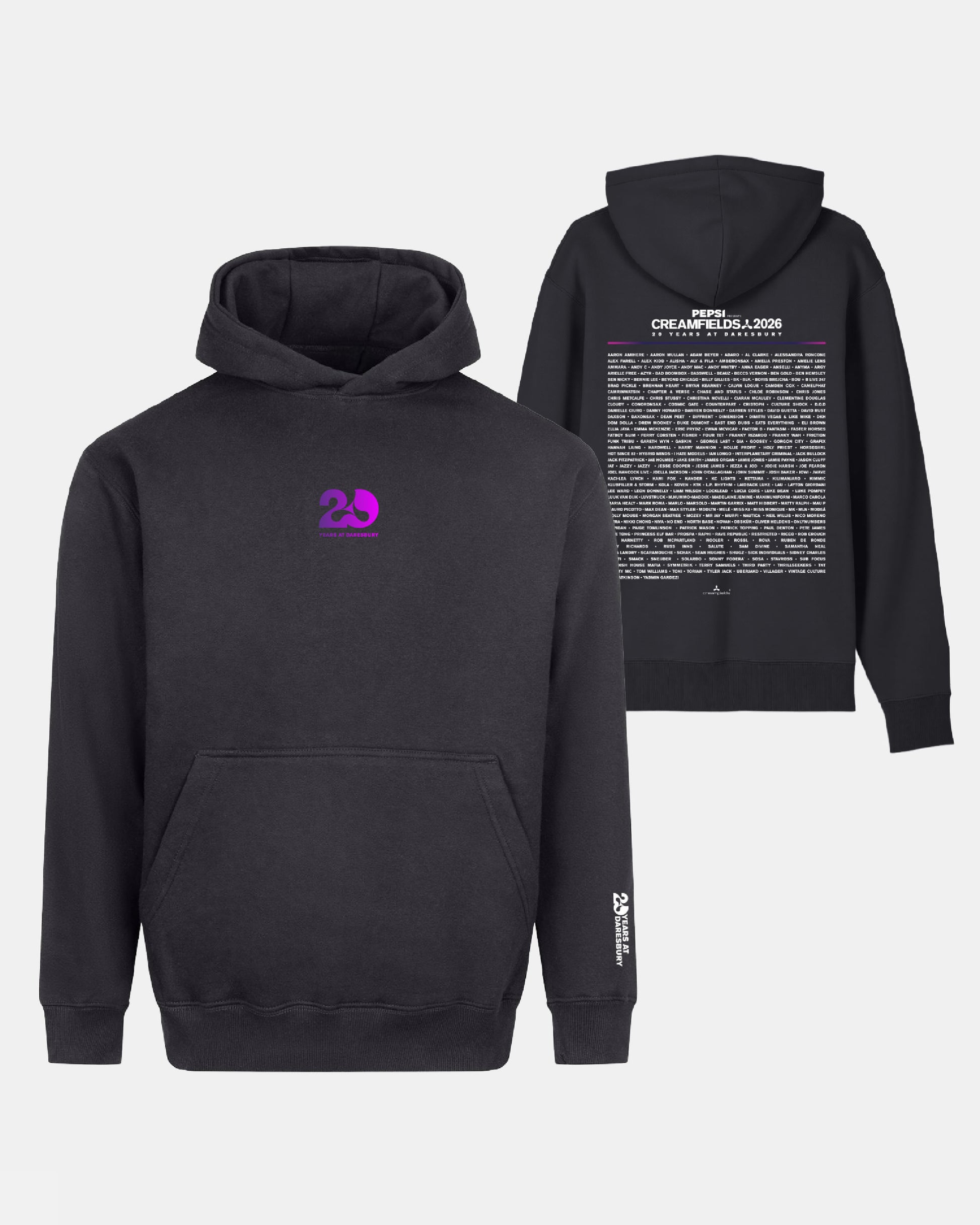 A black pullover hoodie shown from the front and back on a light gray background. The front features a small purple '20' graphic on the left chest and a white vertical graphic on the right sleeve.