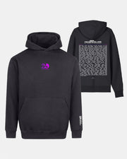 The Creamfields 2026 Click & Collect Creamfields 2026 20th Anniversary Oversized Event Hoodie is black with a purple “20” logo on the front. The back displays white text, featuring a headline and a large block of smaller text. White branding appears on the lower sleeve. Both front and back views are shown.