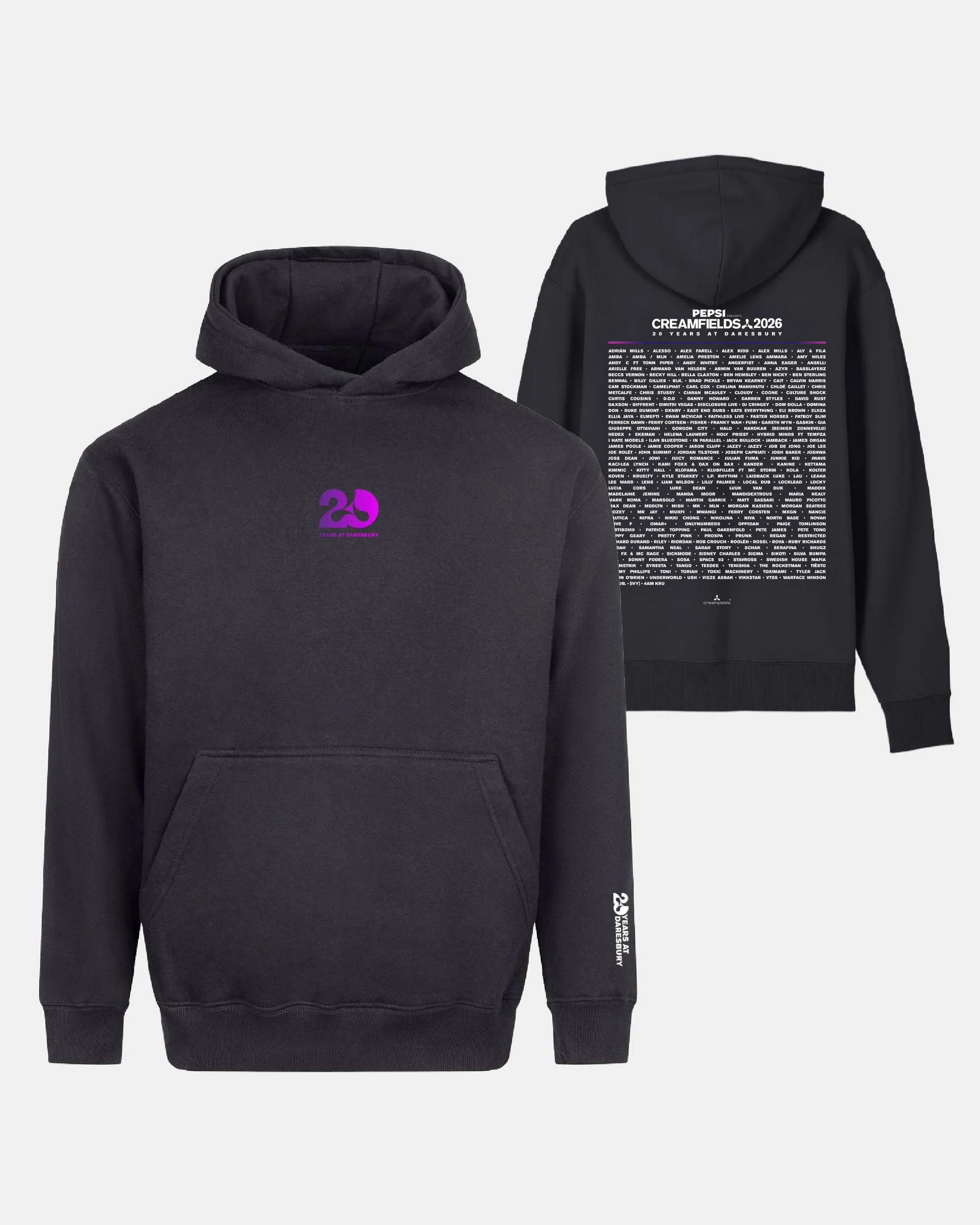 The Creamfields 2026 Click & Collect Creamfields 2026 20th Anniversary Oversized Event Hoodie is black with a purple “20” logo on the front. The back displays white text, featuring a headline and a large block of smaller text. White branding appears on the lower sleeve. Both front and back views are shown.