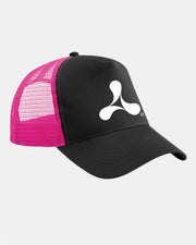 The Creamfields 2026 Click & Collect "Click & Collect Creamfields Event Snapback Cap" features a black front panel with a white abstract logo, complemented by a vibrant pink mesh back. The cap is displayed against a plain light gray background.