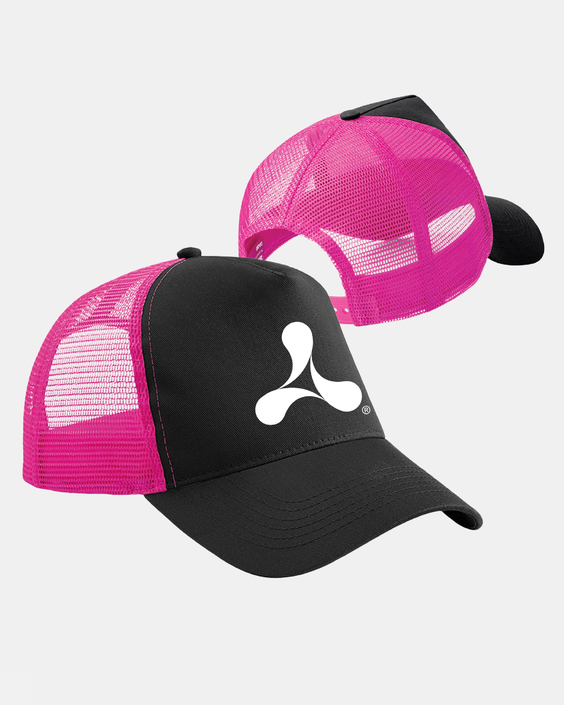 Two Click & Collect Creamfields Event Snapback Caps by Creamfields 2026 Click & Collect, featuring black and bright pink mesh panels and a white abstract logo on the front, displayed from the front and back on a plain light background.