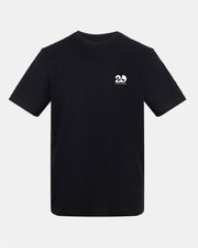 Black polo shirt with a logo on a white background