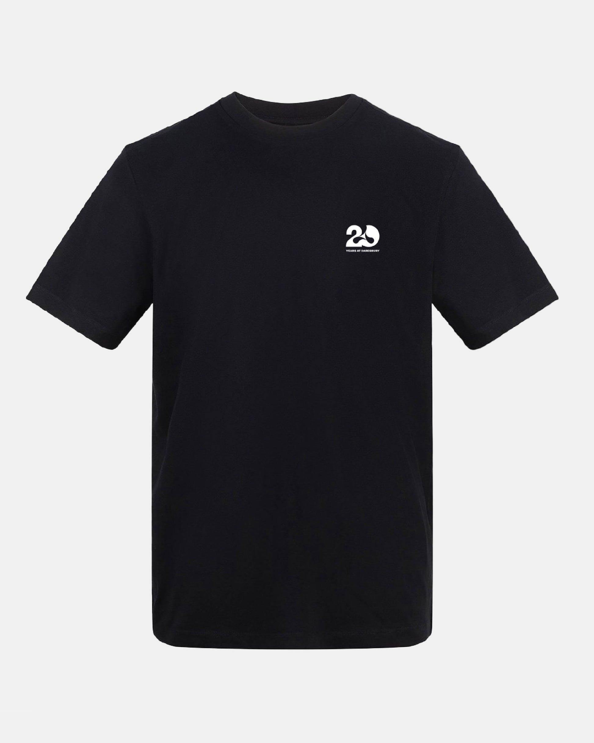 Black polo shirt with a logo on a white background