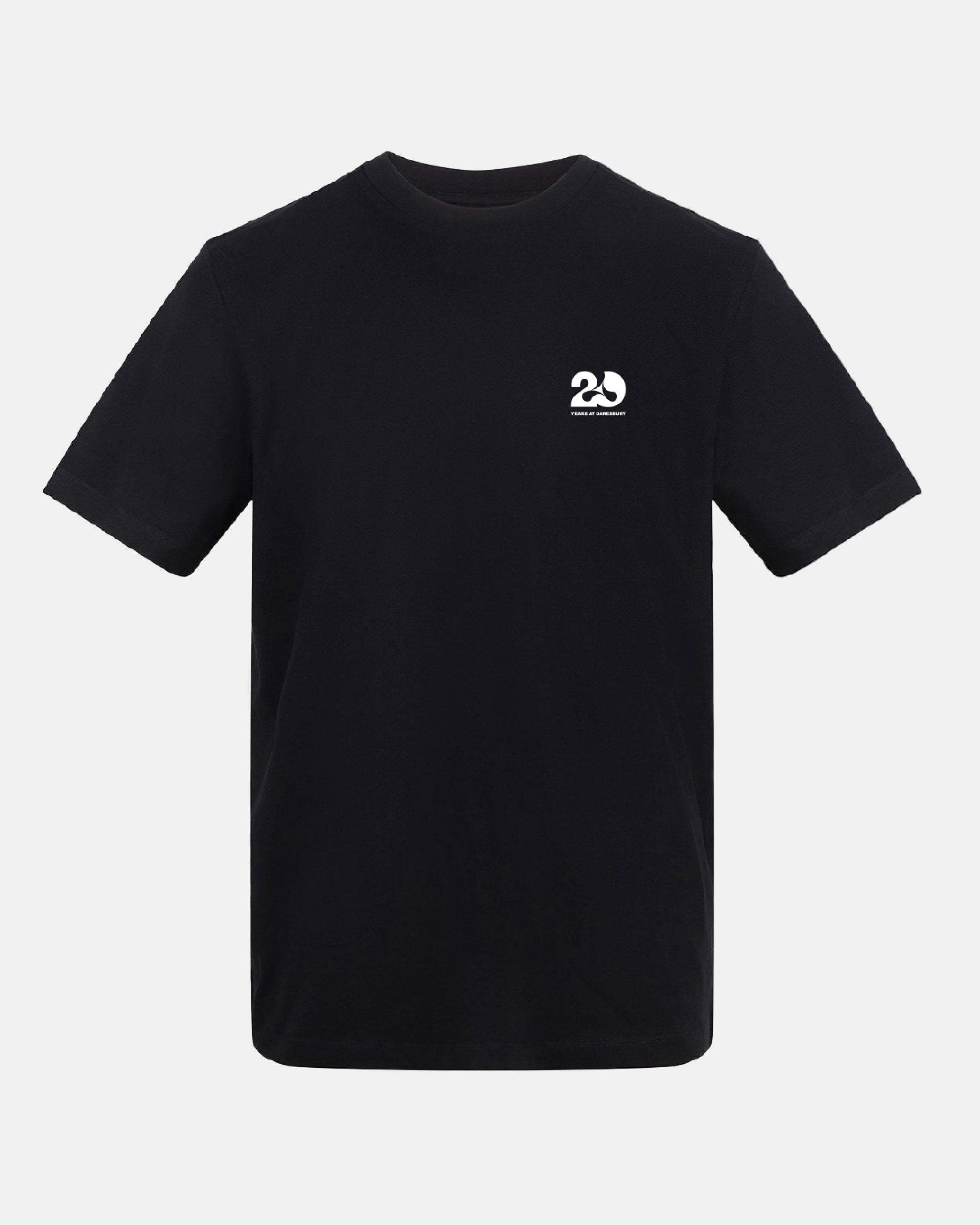 Black polo shirt with a logo on a white background