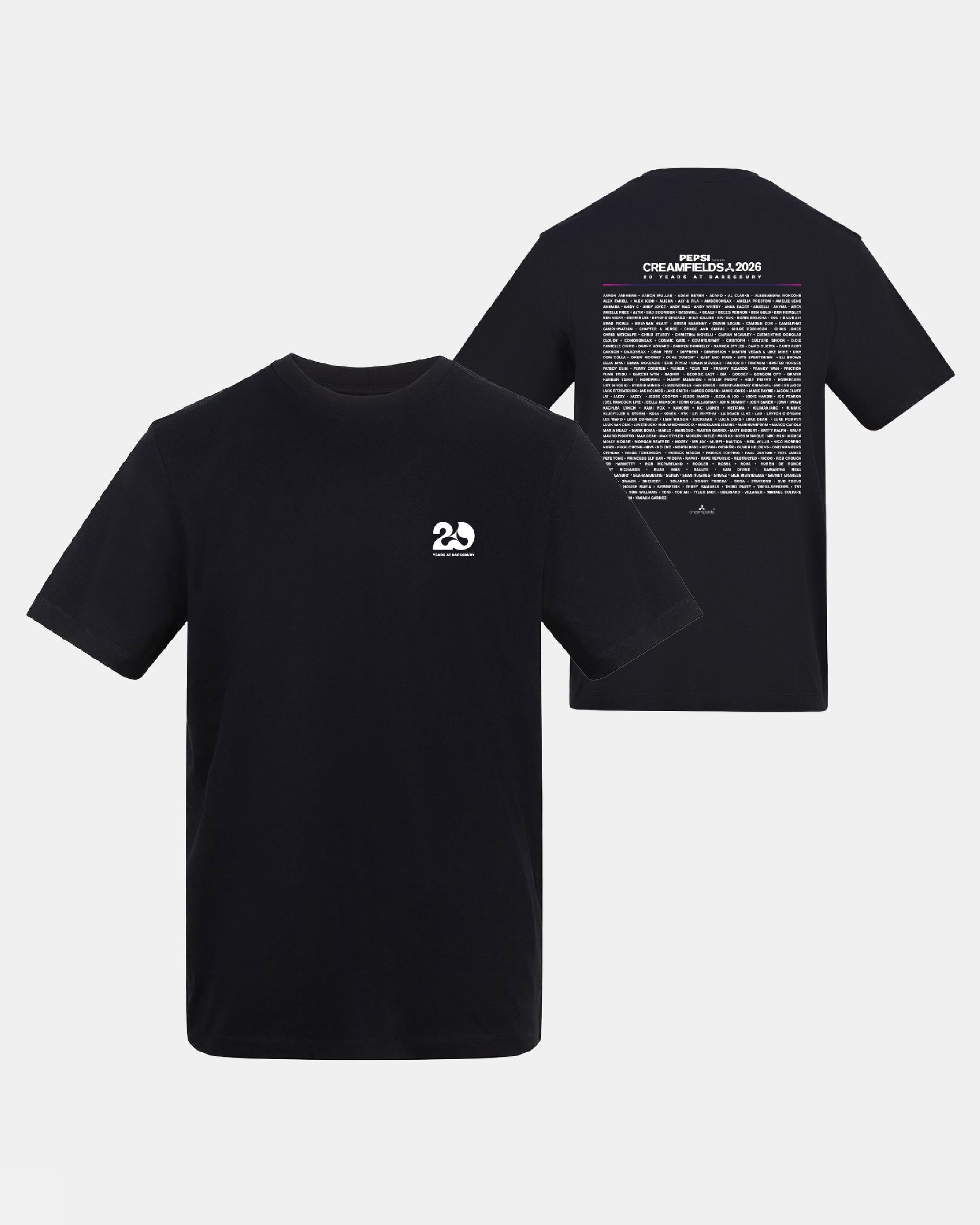 Black short-sleeve t-shirt shown from the front and back on a light gray background. The front features a small white '20' graphic on the left chest, and the back displays a large white text graphic reading '20 YEARS OF CREATIVE DIRECTION'.