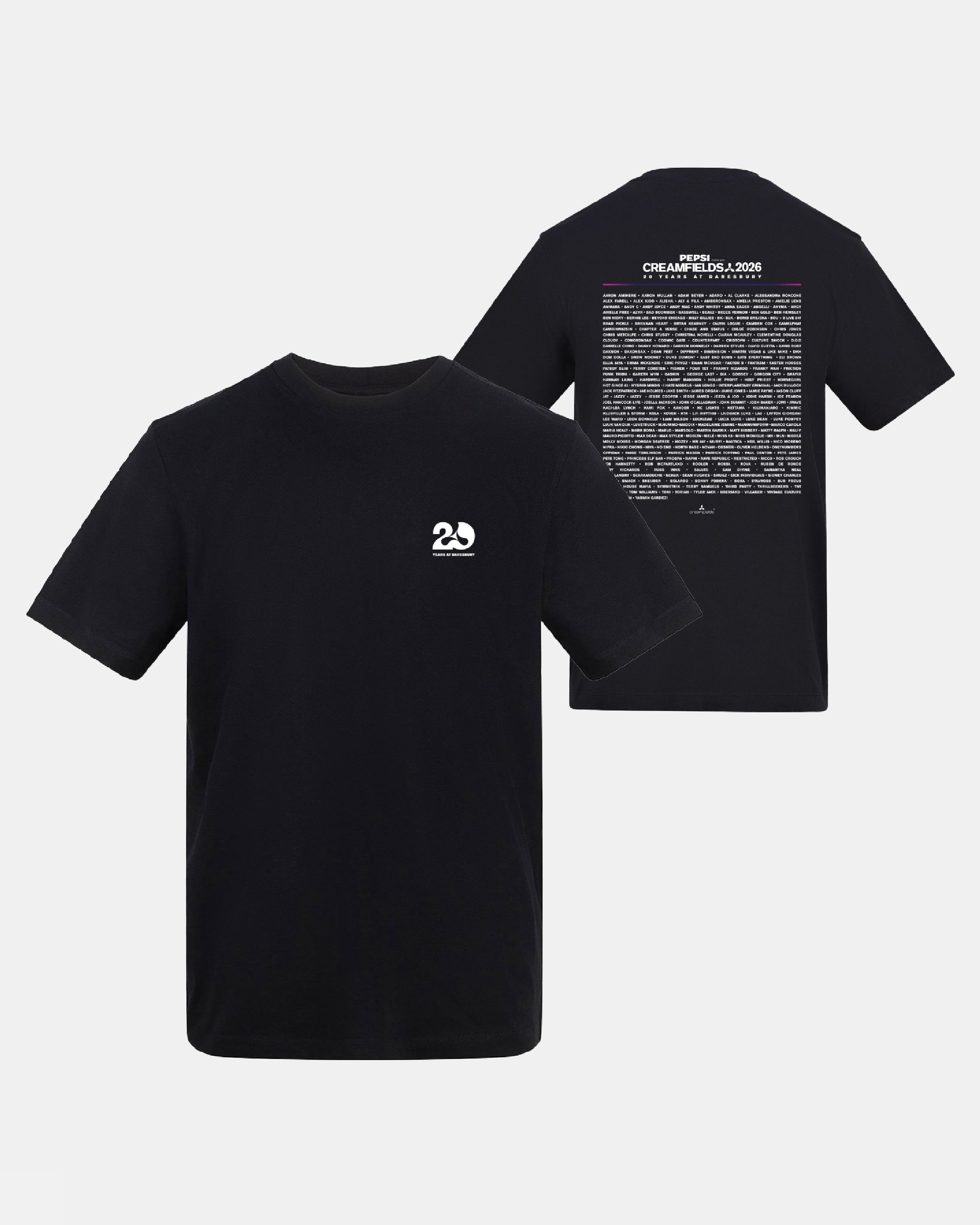 Black short-sleeve t-shirt shown from the front and back on a light gray background. The front features a small white '20' graphic on the left chest, and the back displays a large white text graphic reading '20 YEARS OF CREATIVE DIRECTION'.