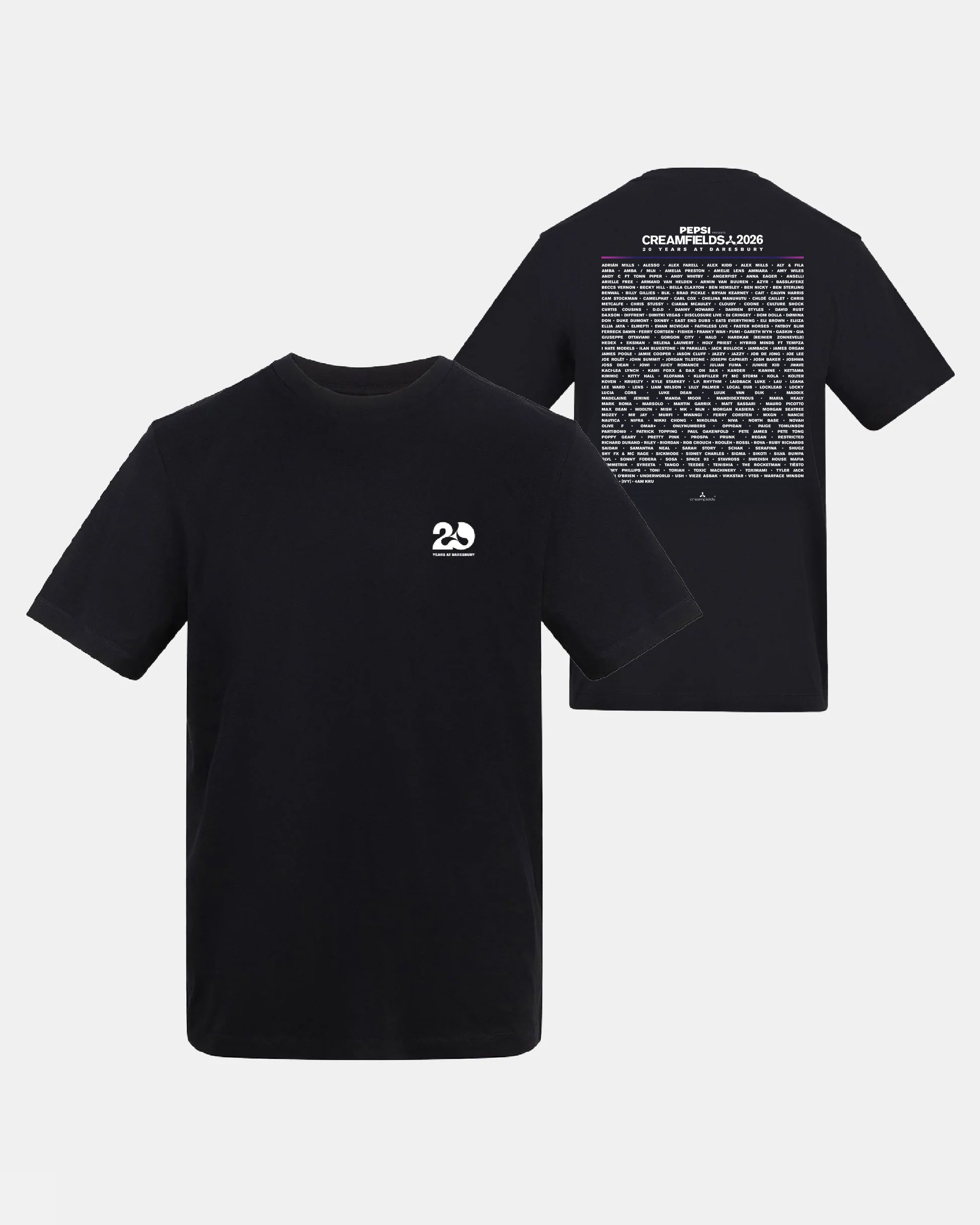Sure! Here’s a revised version of the sentence using your product data: Black oversized Creamfields 2026 20th Anniversary event t-shirt from Creamfields 2026 Click & Collect, featuring a small white “20” logo on the front left chest and a large block of white text on the back—likely listing names or locations—with “CREAMFIELDS 2026” at the top.