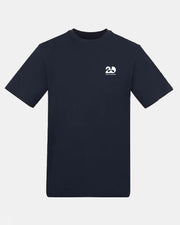 Navy event t-shirt by Creamfields 2026 Click & Collect featuring a small white 2D logo and text on the left chest. This shirt has short sleeves, a crew neckline, and is displayed against a light background.