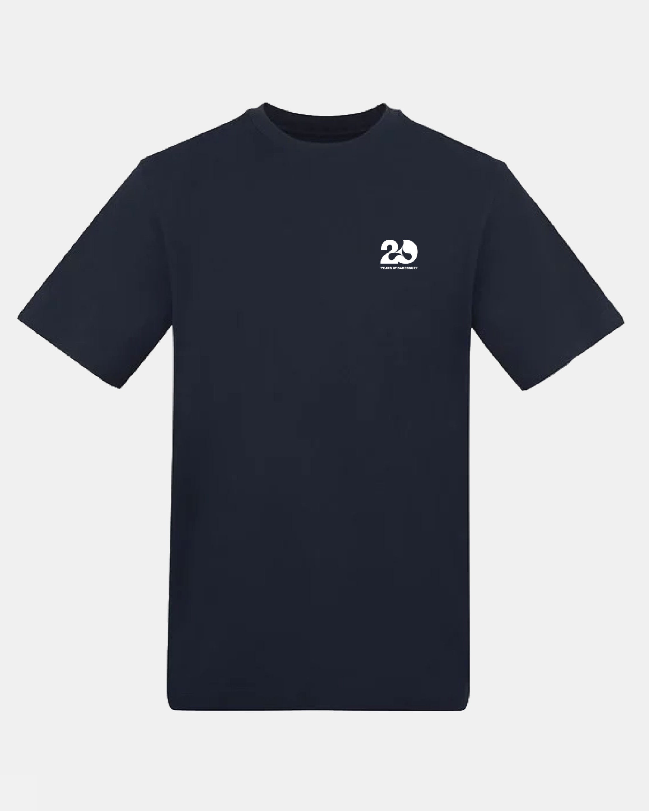 Navy event t-shirt by Creamfields 2026 Click & Collect featuring a small white 2D logo and text on the left chest. This shirt has short sleeves, a crew neckline, and is displayed against a light background.