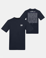 Front and back view of the Creamfields 2026 Click & Collect navy event T-shirt; the front displays a small white “20” logo on the chest, while the back showcases a large block of white text.