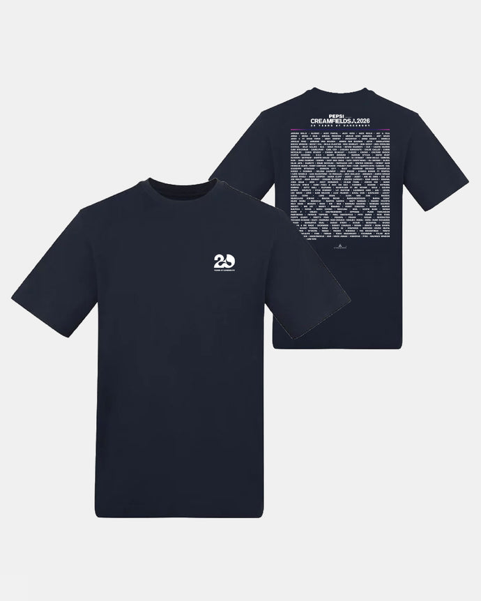 Front and back view of the Creamfields 2026 Click & Collect navy event T-shirt; the front displays a small white “20” logo on the chest, while the back showcases a large block of white text.