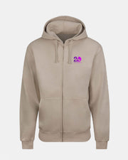 The Creamfields 2026 Click & Collect Creamfields 2026 20th Anniversary Event Zip Hoodie features a beige zip-up design with a drawstring hood and is accented by a small purple "20" logo on the left chest. The product is displayed against a white background.
