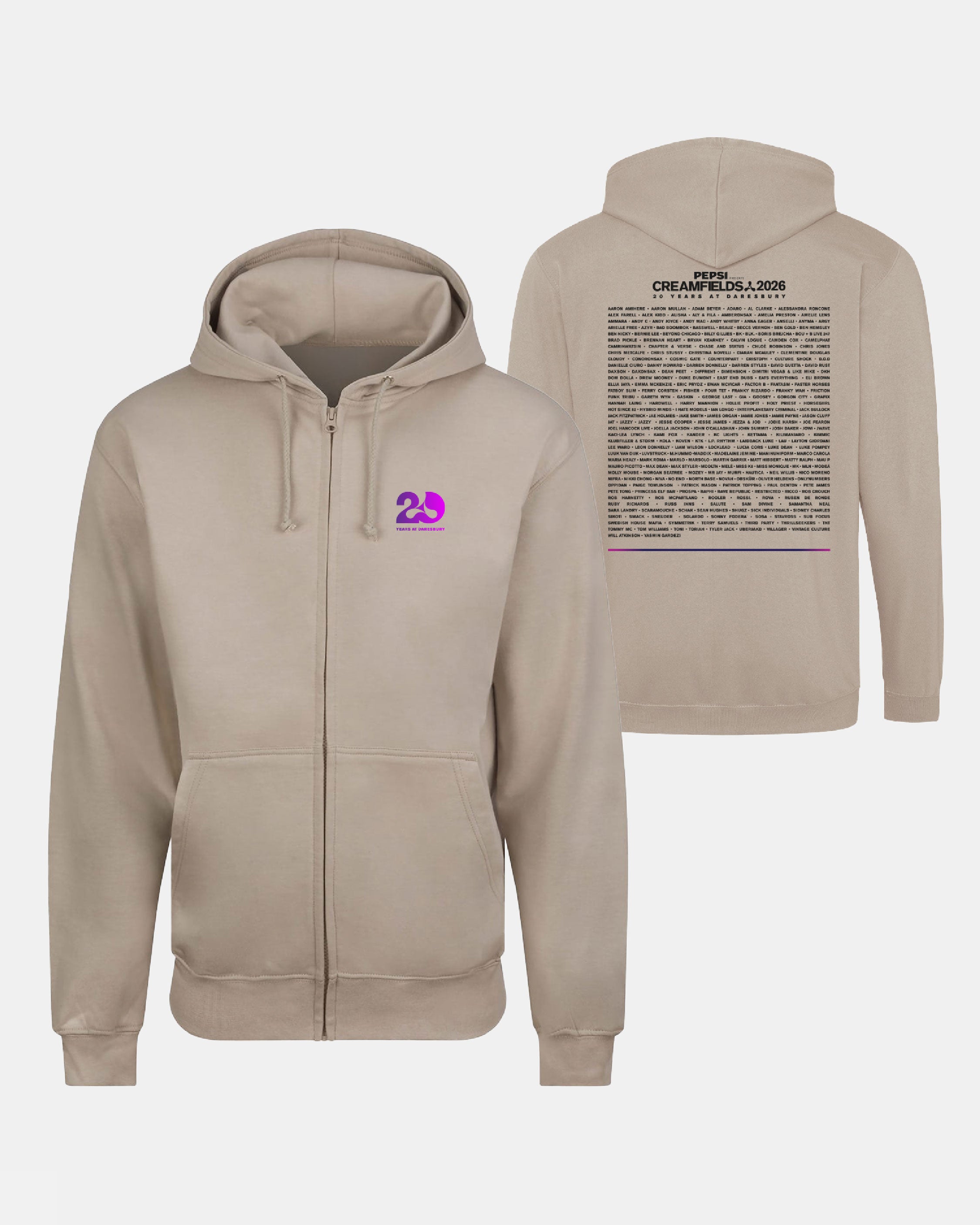 Sure! Here’s your rewritten sentence: The Creamfields 2026 Click & Collect Creamfields 2026 20th Anniversary Event Zip Hoodie is a beige zip-up hoodie featuring a small purple and pink "20" logo on the front left chest, with a large block of black text on the back topped by a bold header and underlined at the bottom.