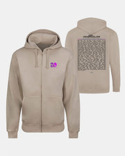 Beige zip-up hoodie from Creamfields 2026 Click & Collect, featuring a small purple “20” logo on the front left chest and a large block of black text on the back beneath a CREAMFIELDS 2026 heading. Product name: Click & Collect Creamfields 2026 20th Anniversary Event Zip Hoodie.