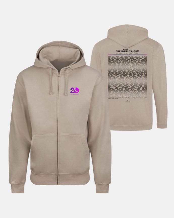 Beige zip-up hoodie from Creamfields 2026 Click & Collect, featuring a small purple “20” logo on the front left chest and a large block of black text on the back beneath a CREAMFIELDS 2026 heading. Product name: Click & Collect Creamfields 2026 20th Anniversary Event Zip Hoodie.