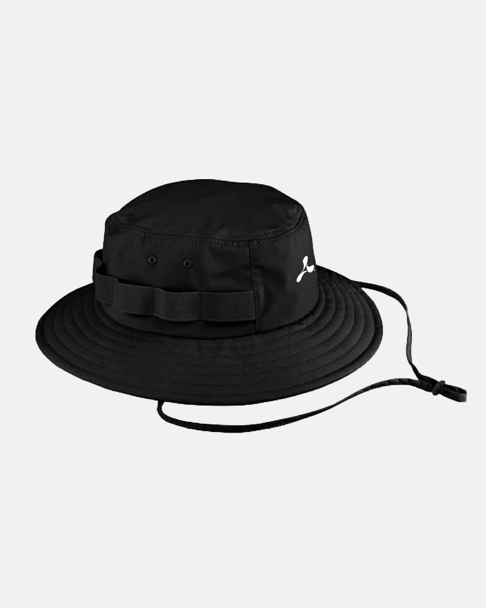 The Click & Collect Creamfields Evergreen Outdoor Adventure Hat by Creamfields 2026 Click & Collect features a wide brim, chin strap, and a small white logo on the side. Stitched loops encircle the crown, and the hat is shown against a plain light background.
