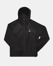 The Click & Collect Creamfields Evergreen Windbreaker by Creamfields 2026 Click & Collect is a black hooded jacket featuring a front zipper, elastic cuffs, and a small white abstract logo on the left chest, displayed against a plain white background.