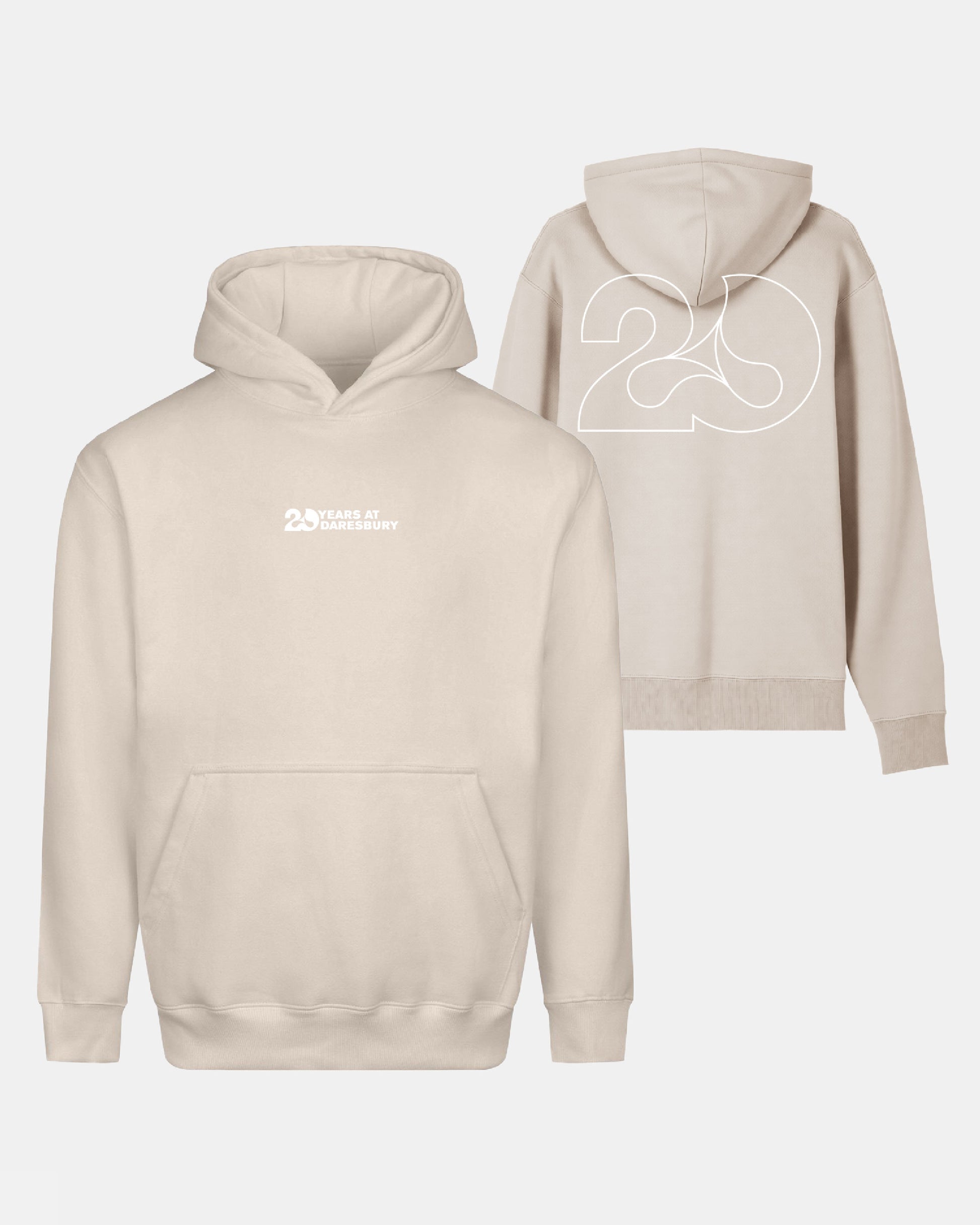 Creamfields 2026 Click & Collect Creamfields 20th Anniversary Hoodie featuring "20 Years at Somersetbury" text on the front left chest, and a large white outline of the number 20 on the back. Both front and back views are displayed.