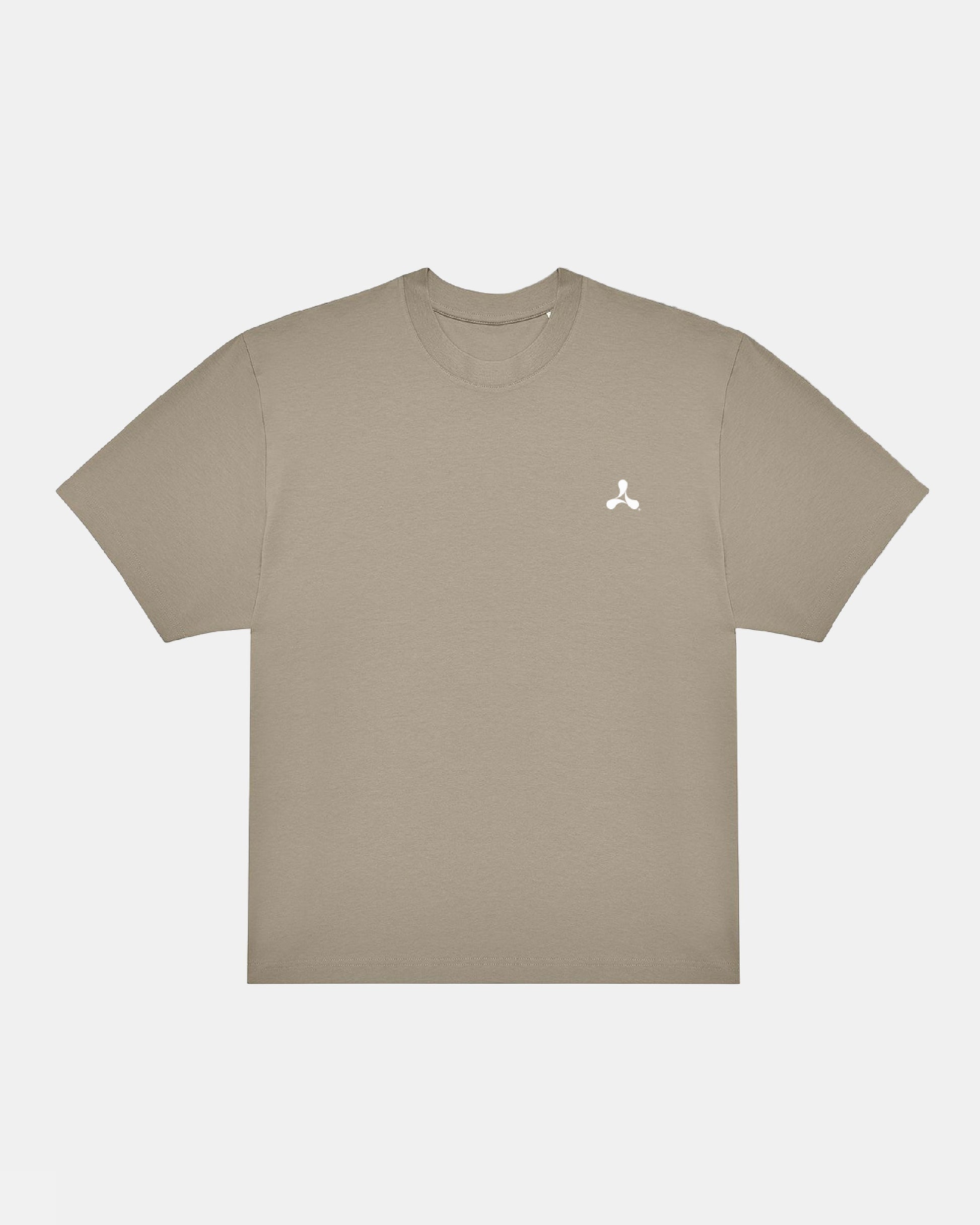 Creamfields 2026 Click & Collect Creamfields Metal T-Shirt in beige with short sleeves, featuring a small white abstract logo on the left chest, displayed flat on a plain white background.