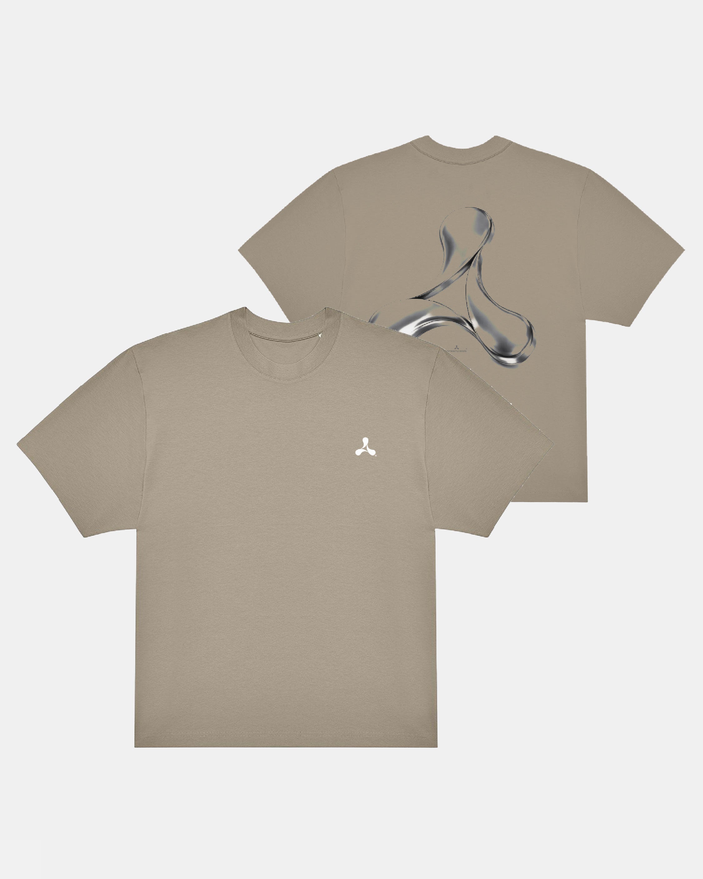 The Click & Collect Creamfields Metal T-Shirt by Creamfields 2026 Click & Collect is shown from the front and back. The front features a small white abstract logo on the left chest, while the back showcases a large, metallic, fluid-like abstract design in the center.