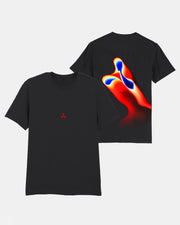 Two black Creamfields 2026 Click & Collect Heatwave T-shirts: the front displays a small red abstract symbol on the chest, while the back showcases a large, vibrant design in red, blue, and yellow hues.