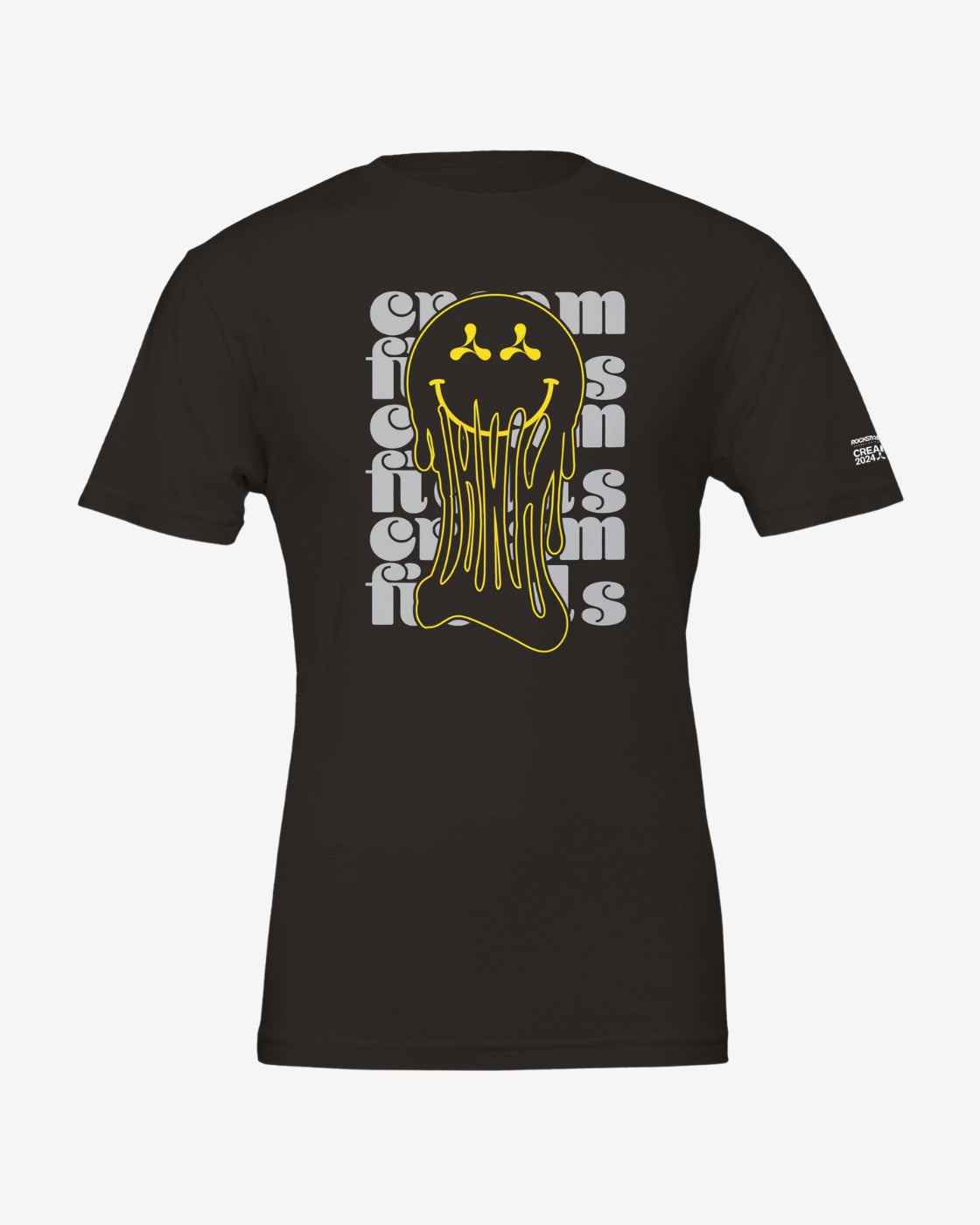 The Creamfields Acid House Black T-Shirt by Creamfields is a unisex tee made from Airlume combed cotton, showcasing a bold yellow melting smiley on the back with creams in gray layers, printed vividly using DTG technology.