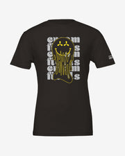The Creamfields Acid House Black T-Shirt by Creamfields is a unisex tee made from Airlume combed cotton, showcasing a bold yellow melting smiley on the back with creams in gray layers, printed vividly using DTG technology.