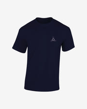 The Creamfields 2025 Line Up Navy T-Shirt by Creamfields features a small, abstract white and gray logo on the left chest, shown against a plain white background.