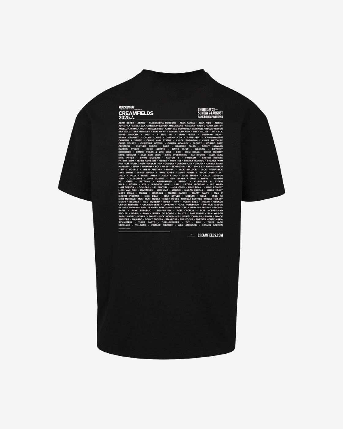 Black t-shirt with white text on a white background