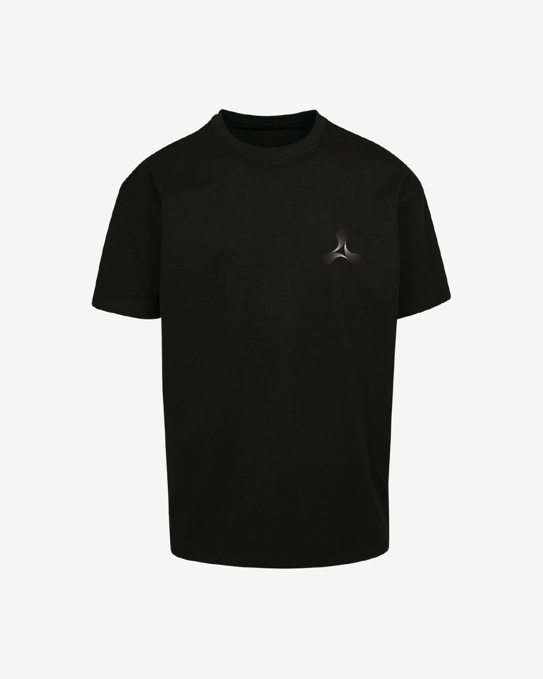 Black t-shirt with a small logo on a light gray background