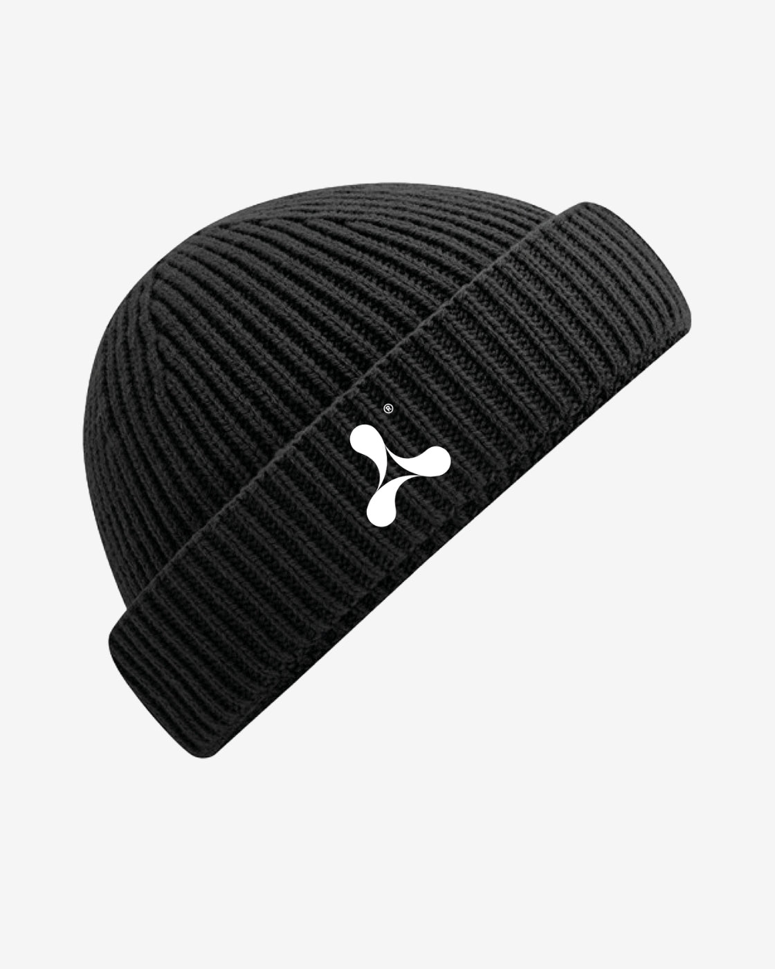 The Creamfields 2025 Fishermans Beanie by Creamfields is a black ribbed knit hat with a folded cuff and a white abstract logo on the front, displayed against a light gray background.