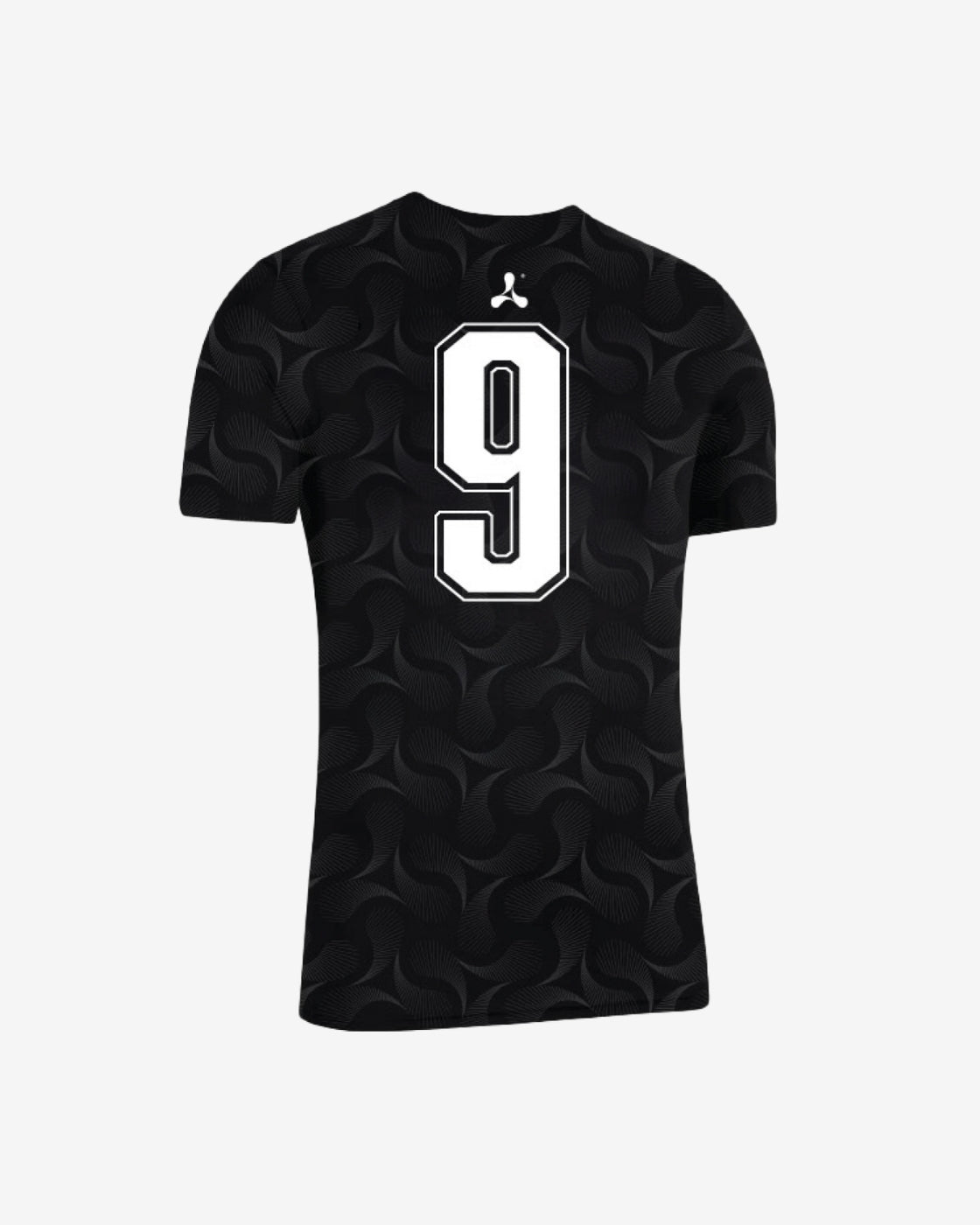 The Creamfields 2025 Football T-Shirt by Creamfields is a black athletic jersey with subtle swirling patterns, showcasing a large white number 9 and a small white logo near the collar on the back.