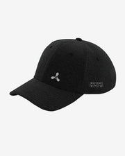 The Creamfields 2025 Jersey Baseball Cap Black features a curved brim, a small gray logo on the front, and white coordinates N.52°2043 W.2°3718 printed on the side above the brim.