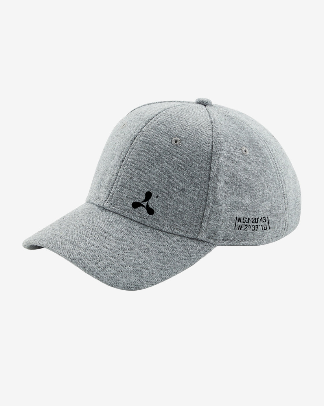 The Creamfields Jersey Baseball Cap Grey features a black abstract logo on the front and black coordinates on the side, shown against a plain white background.