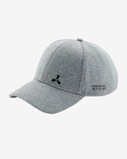 The Creamfields Jersey Baseball Cap Grey features a black abstract logo on the front and black coordinates on the side, shown against a plain white background.