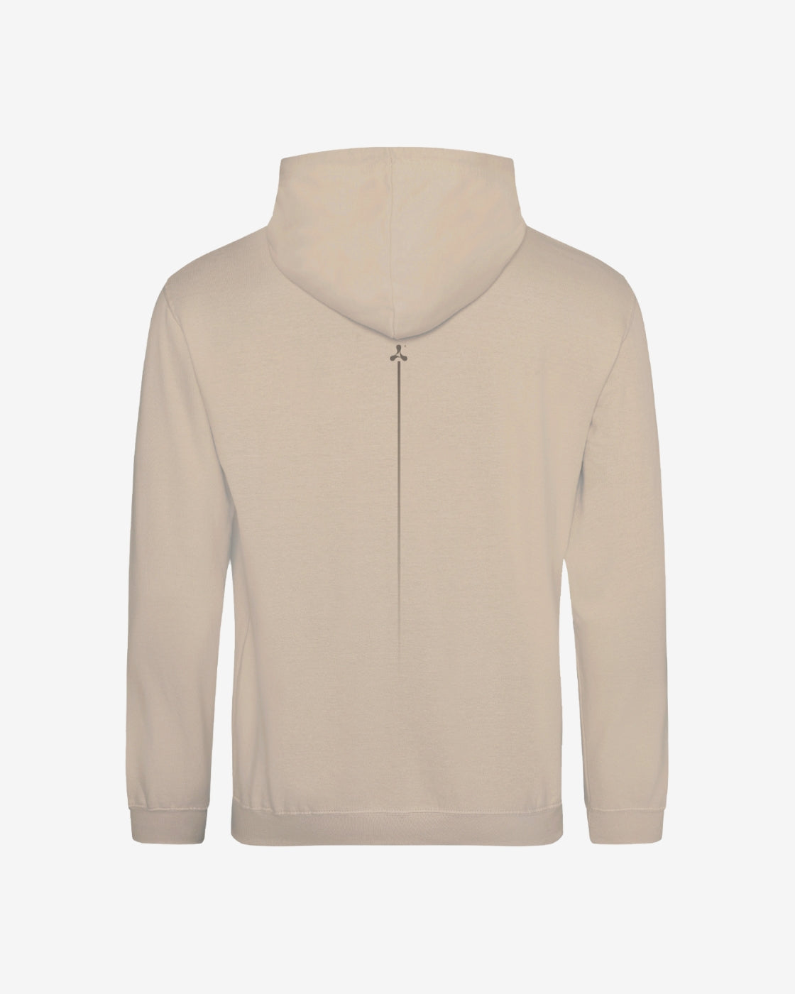 Back view of the Creamfields 2025 Oversized Hoodie by Creamfields in beige, showing long sleeves, a thin vertical seam, and a small cross-like detail below the hood.