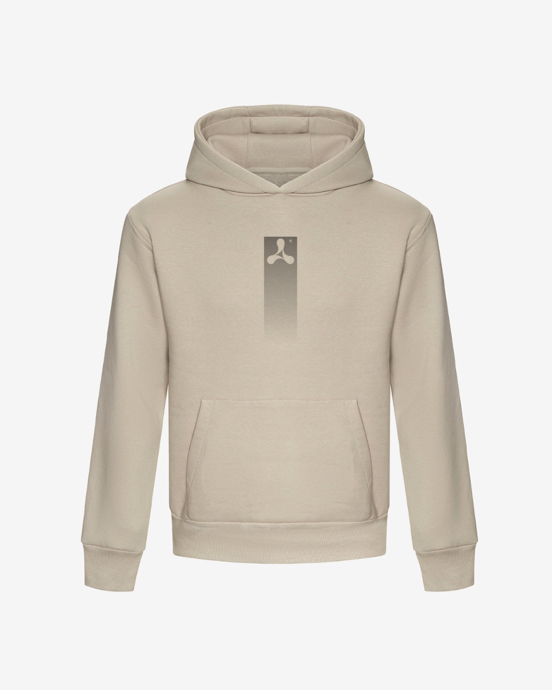 The Creamfields 2025 Oversized Hoodie by Creamfields features a beige design with a front pocket and a minimalist vertical logo with an abstract symbol on the chest, shown against a plain white background.