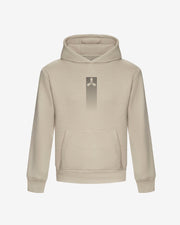 The Creamfields 2025 Oversized Hoodie by Creamfields features a beige design with a front pocket and a minimalist vertical logo with an abstract symbol on the chest, shown against a plain white background.