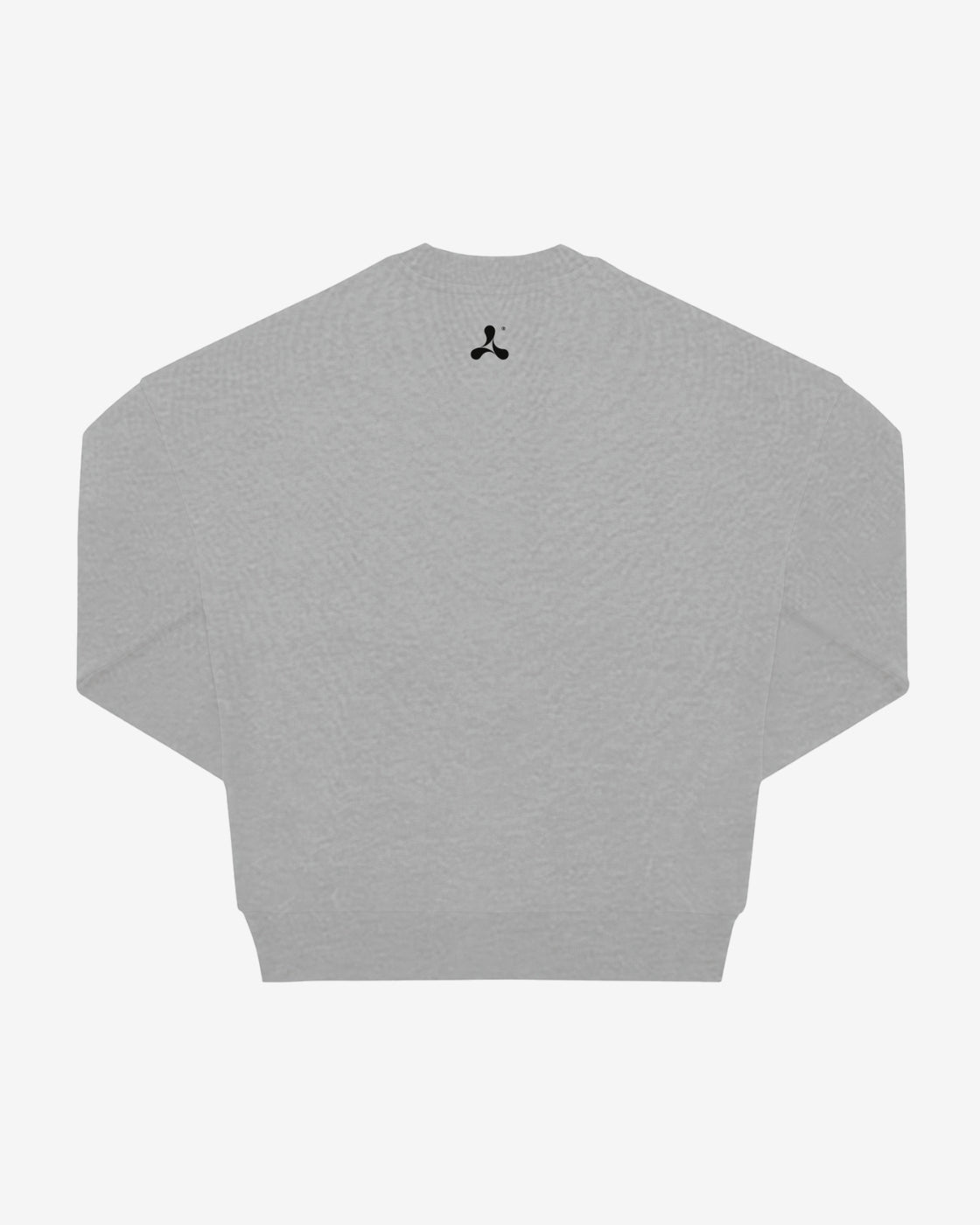 The Creamfields 2025 Oversized Grey Sweatshirt is shown from the back, displaying a small black abstract symbol near the neckline against a plain white background.