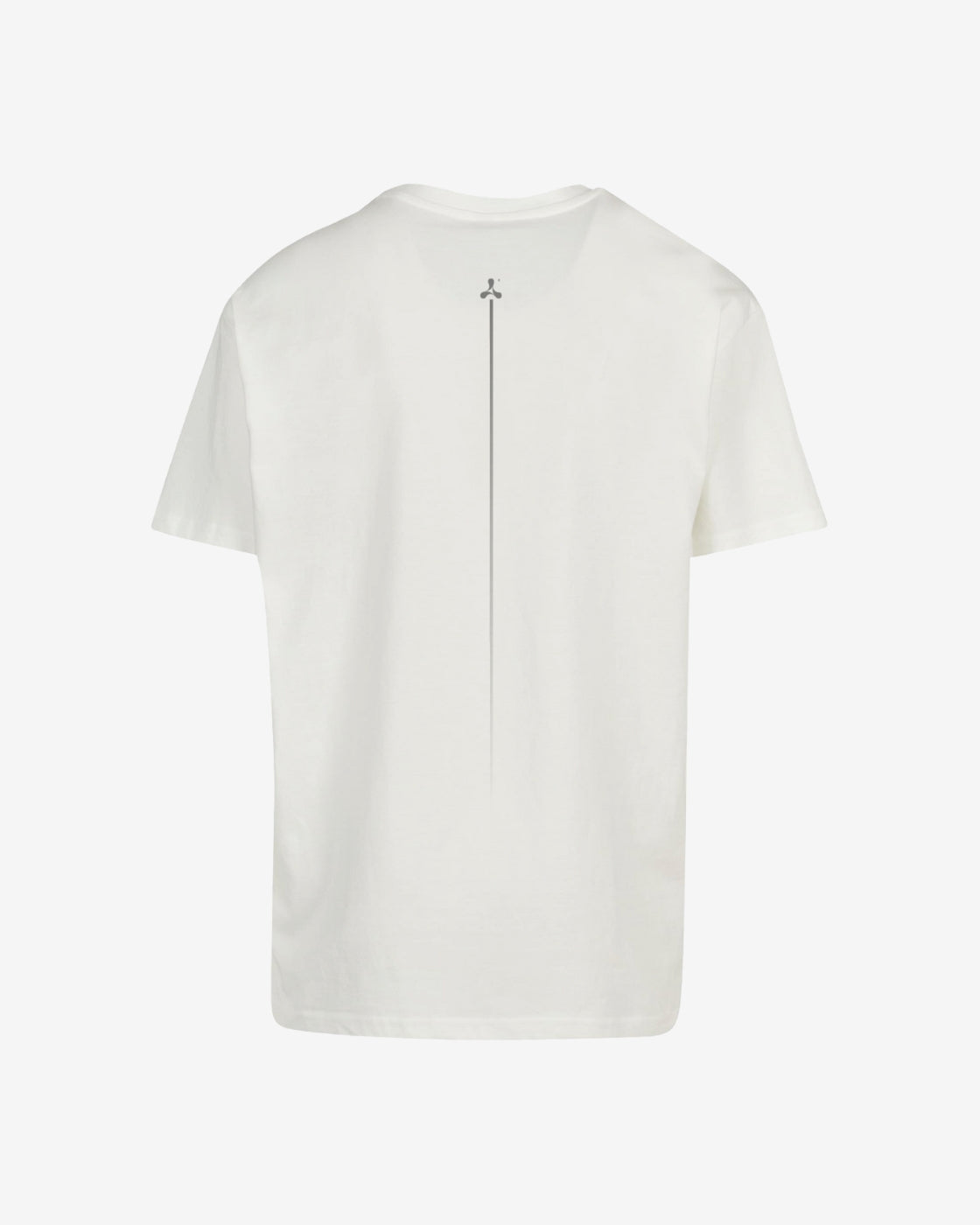 The Creamfields 2025 Oversized T-Shirt by Creamfields is a plain white tee shown from the back, featuring a thin vertical black line running down from the top center with a small symbol at the top of the line.