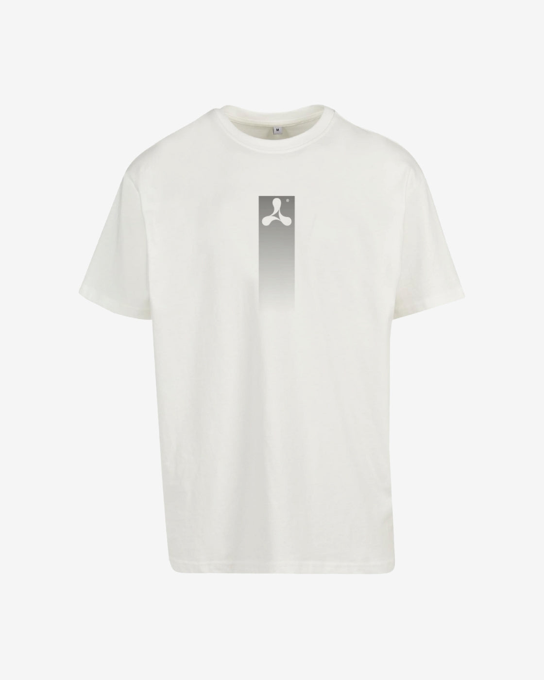 The Creamfields 2025 Oversized T-Shirt features a vertical gray gradient rectangle on the chest, topped with a small white abstract symbol, blending minimalist style with the iconic Creamfields brand.