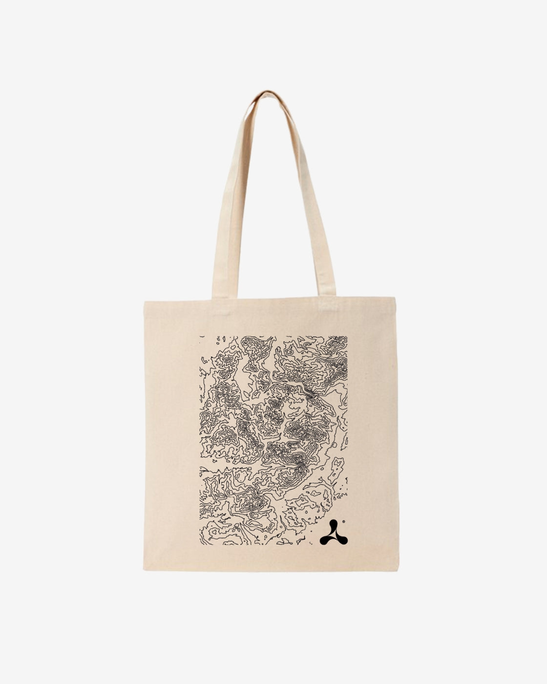 The Creamfields 2025 Recycled Premium Tote Bag by Creamfields features long handles, a central abstract black line art design, and a small three-dot logo in the bottom right corner.